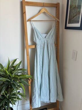 Aritzia Encourage Poplin Light Blue & White Striped Spaghetti Strap Maxi Dress